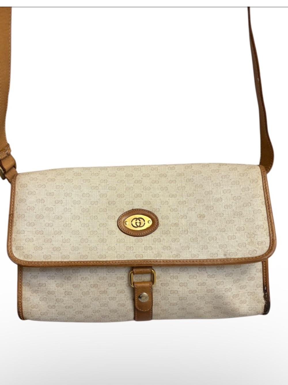 Gucci micro gg creamy white brown vintage pre serial number flap messenger bag